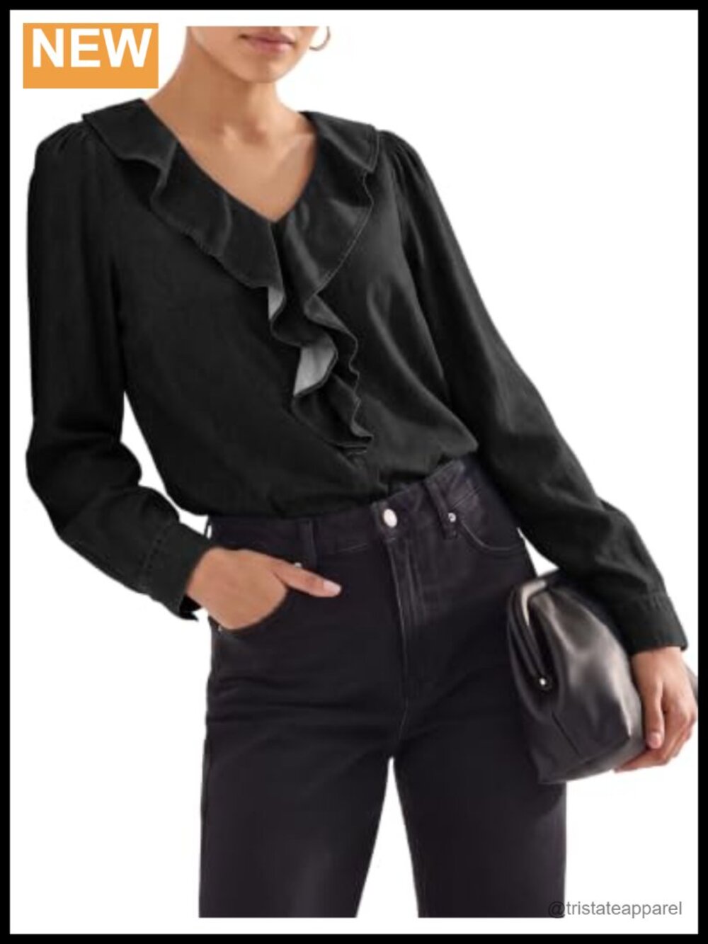 Sidefeel Womens Denim Shirt Ruffled Edge V Neck Casual Long Sleeve Jean Top